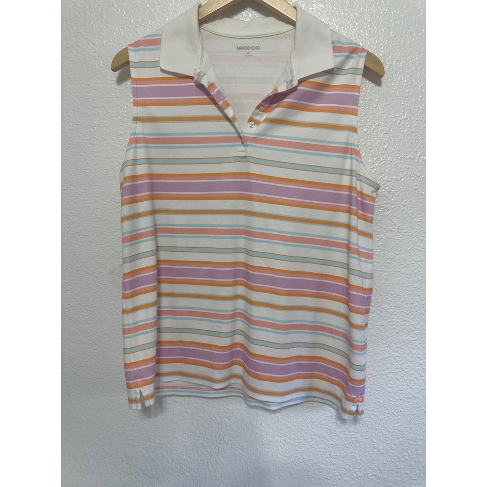 Lands End Womens Supima Cotton Sleeveless Polo Shirt Striped Pastel Large 14-16